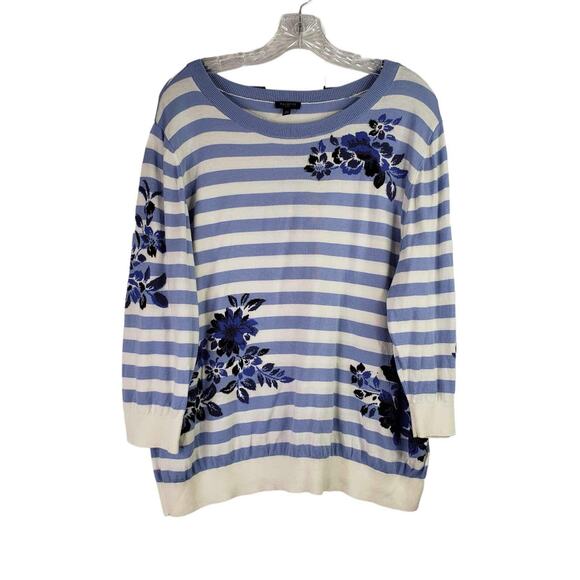 Talbots Sweater Women's Plus Size 2X Blue Floral Striped LS Pullover Cotton - Picture 2 of 7